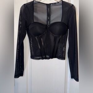 Fashion Nova Like New Black Sheer Mesh Corset Like Long Sleeve Top